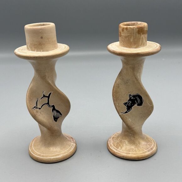 Vtg Carved Handpainted Soapstone Twisted Candlestick Holders Elephant Rhinoceros - Picture 2 of 8